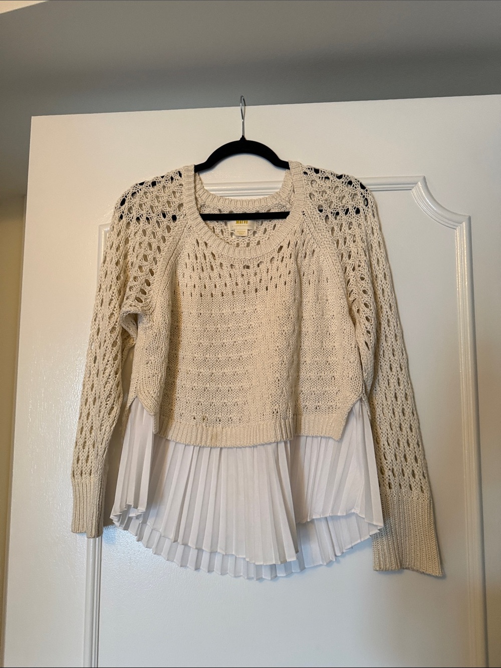 Maeve Cream Open-Knit Crew Sweater with Pleated Hem